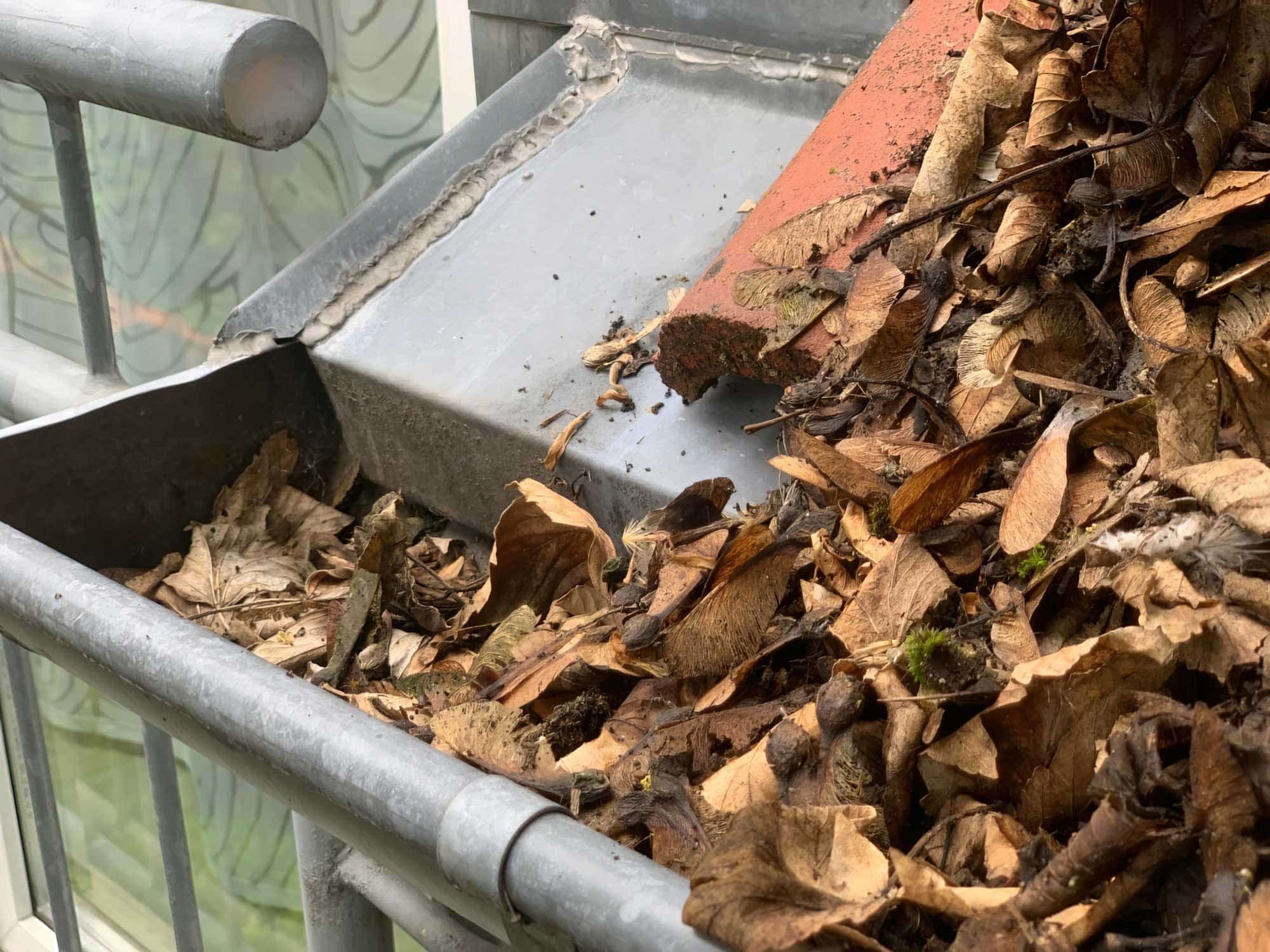 Die jährliche Dachwartung enthält auch die Befreiung der Dachrinnen von Blättern.